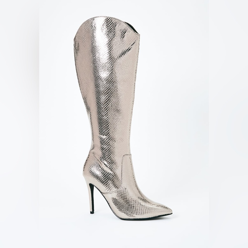 Pointy Toe Gunmetal Stiletto Boots in Croc Silver Metallic Starship
